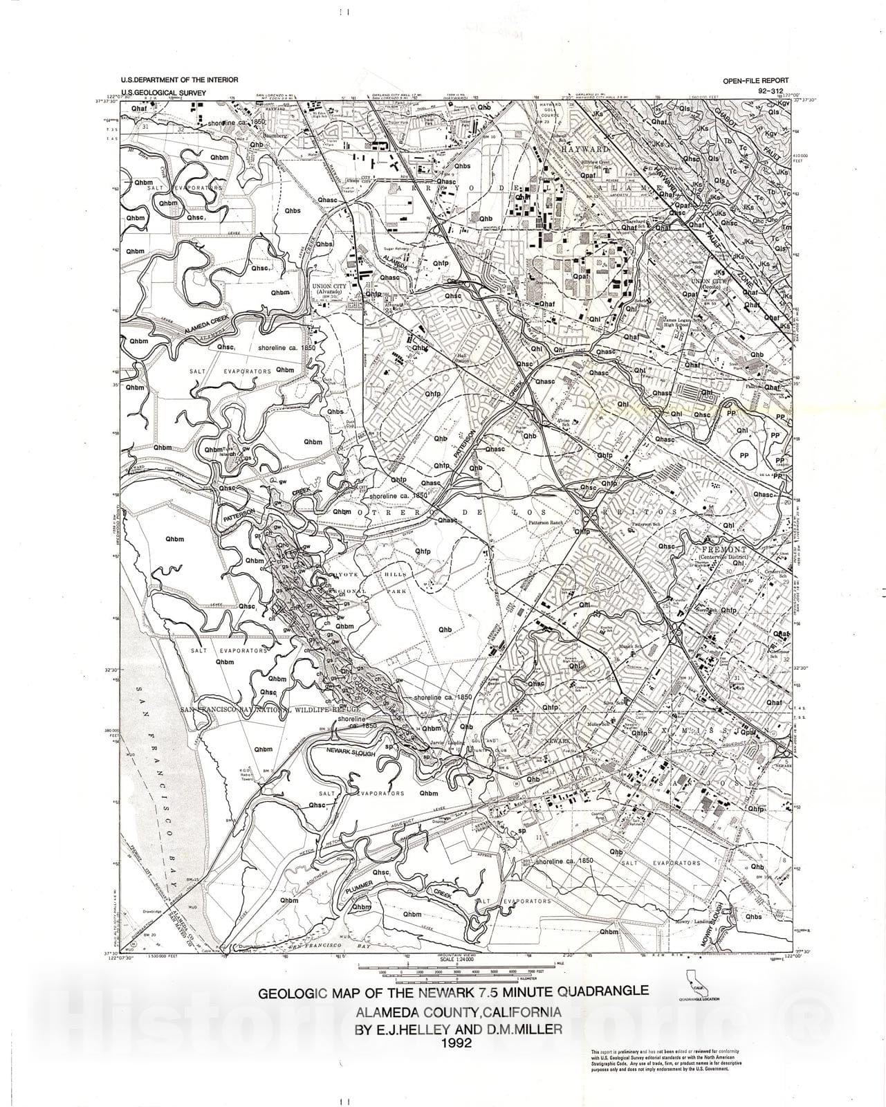 Map : Geologic map of the Newark 7.5 minute quadrangle, Alameda County, California, 1992 Cartography Wall Art :