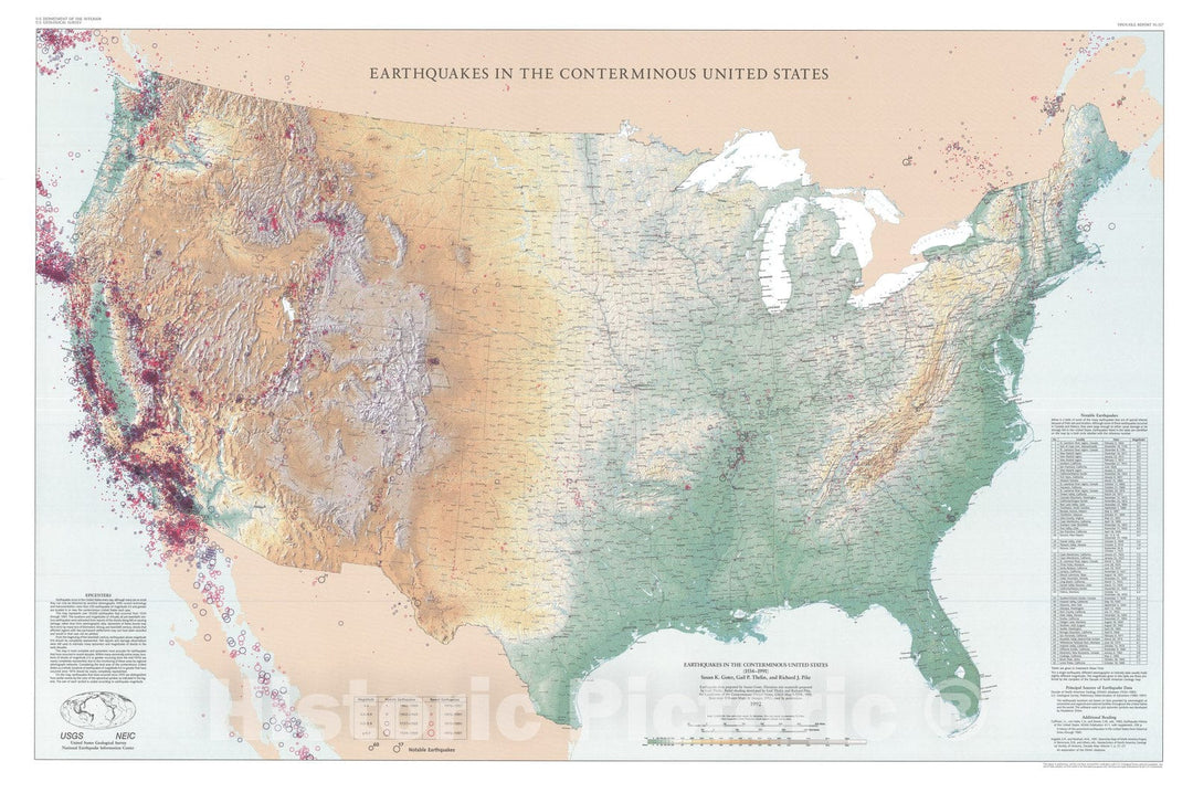 Map : Earthquakes in the conterminous United States, 1992 Cartography Wall Art :