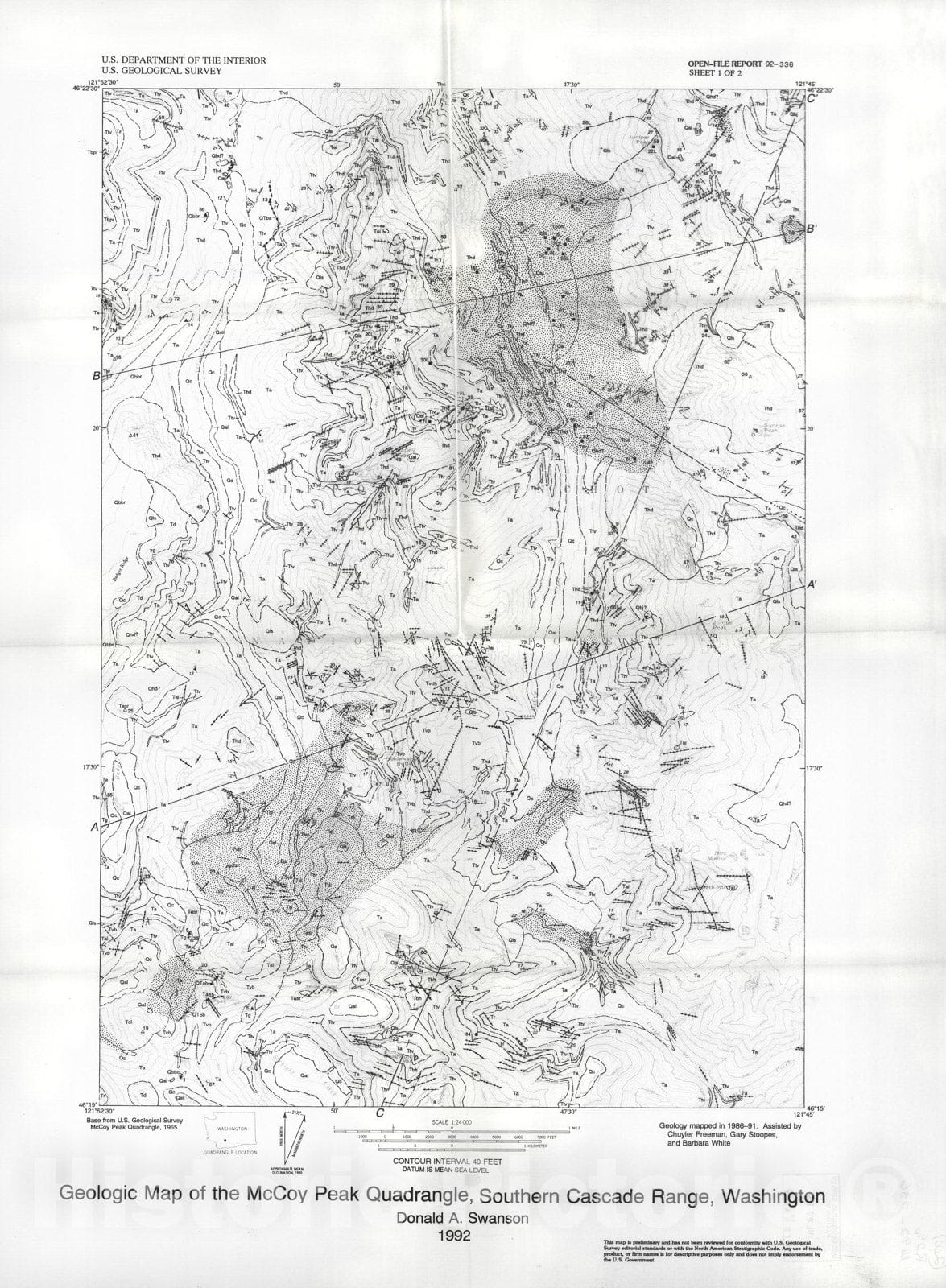Map : Geologic map of the McCoy Peak quadrangle, southern Cascade Range, Washington, 1992 Cartography Wall Art :