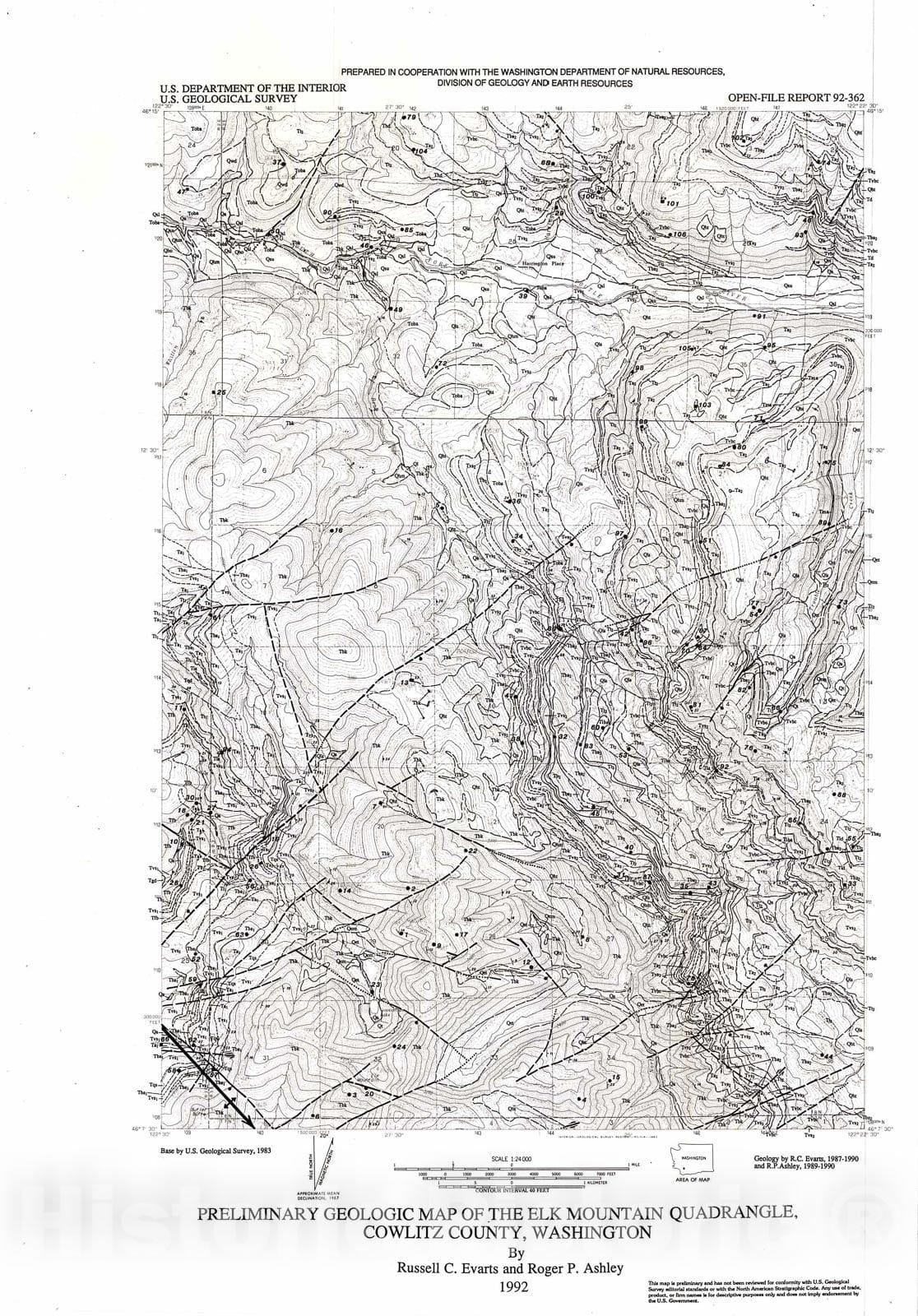 Map : Preliminary geologic map of the Elk Mountain quadrangle, Cowlitz County, Washington, 1992 Cartography Wall Art :