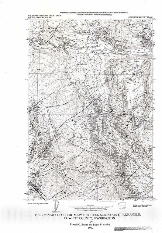 Map : Preliminary geologic map of the Elk Mountain quadrangle, Cowlitz County, Washington, 1992 Cartography Wall Art :