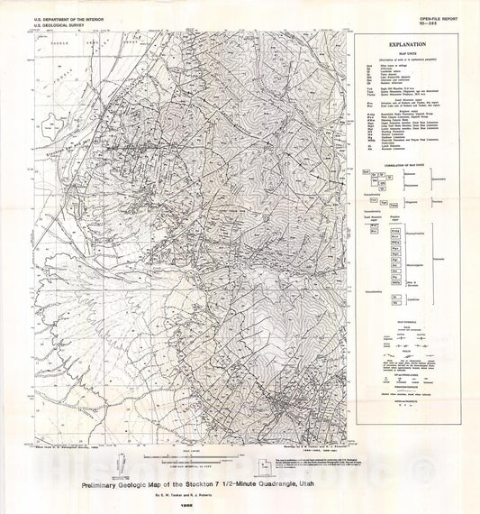Map : Preliminary geologic map of the Stockton seven 1/2 minute quadrangle, Tooele County, Utah, 1992 Cartography Wall Art :