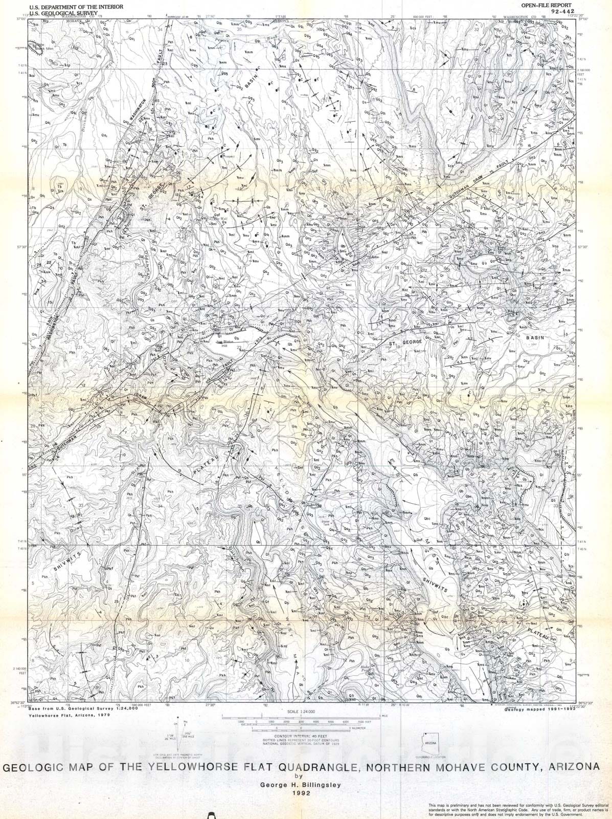 Map : Geologic map of the Yellowhorse Flat quadrangle, northern Mohave County, Arizona, 1992 Cartography Wall Art :