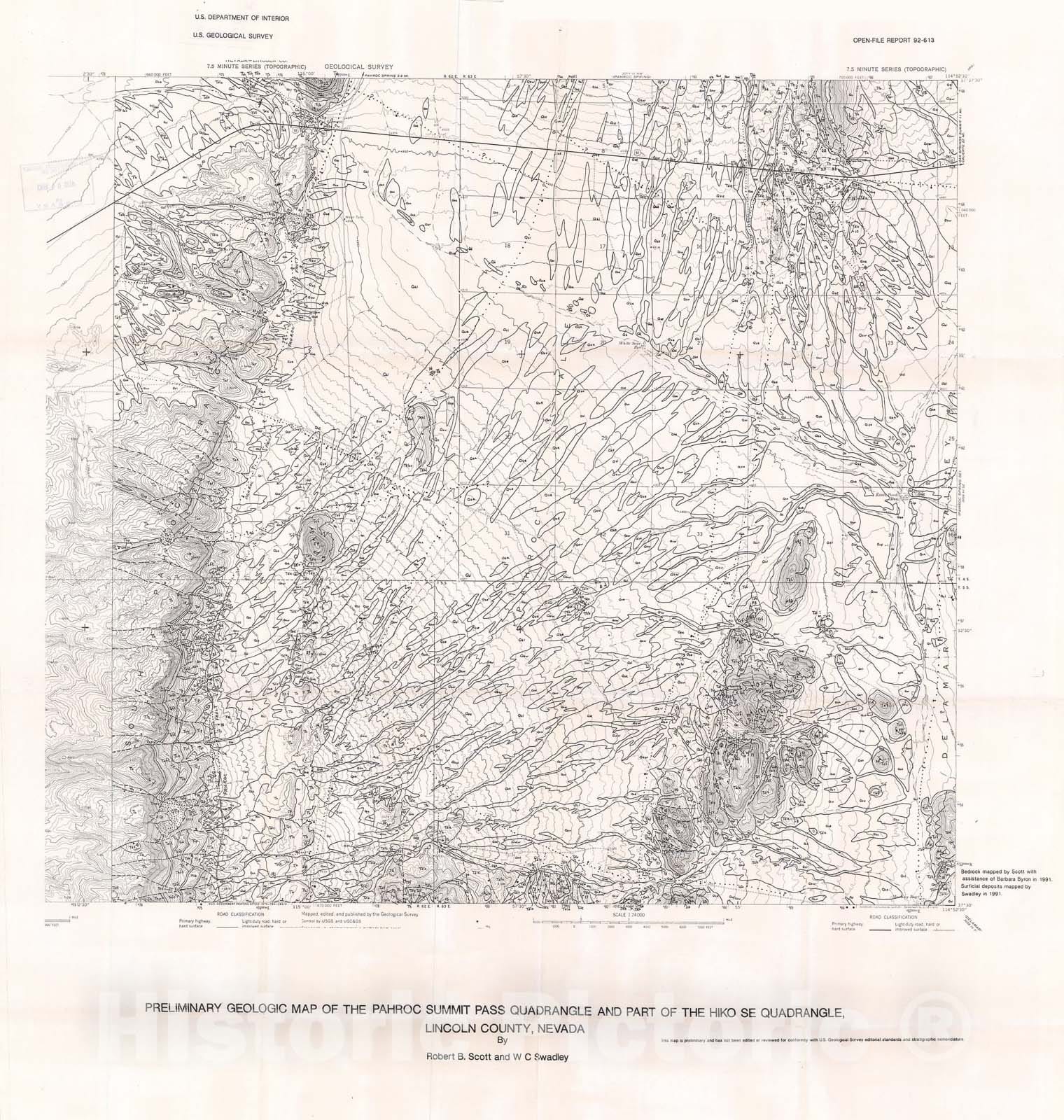 Map : Preliminary geologic map of the Pahroc Summit Pass quadrangle and part of the Hiko SE quadrangle, Lincoln County, Nevada, 1992 Cartography Wall Art :