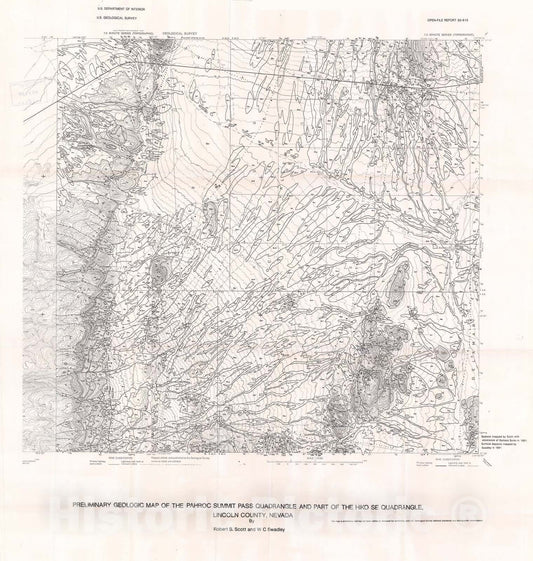 Map : Preliminary geologic map of the Pahroc Summit Pass quadrangle and part of the Hiko SE quadrangle, Lincoln County, Nevada, 1992 Cartography Wall Art :