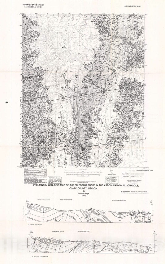 Map : Preliminary geologic map of the Paleozoic rocks in the Arrow Canyon quadrangle, Clark County, Nevada, 1992 Cartography Wall Art :