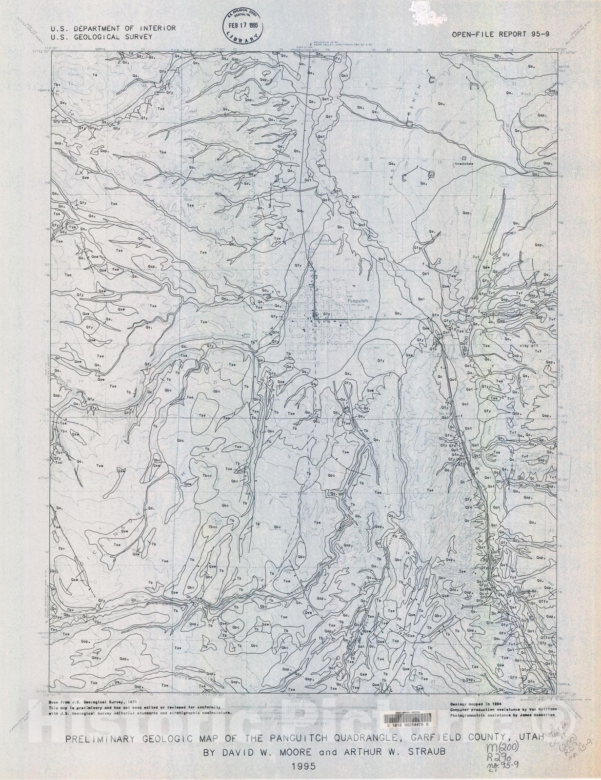 Map : Preliminary geologic map of the Panguitch quadrangle, Garfield County, Utah, 1995 Cartography Wall Art :