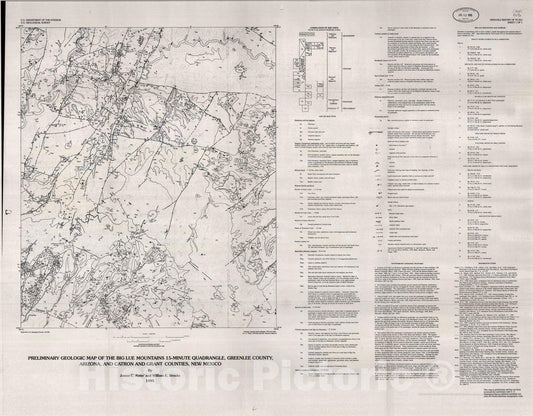 Map : Preliminary geologic map of the Big Lue Mountains 15-minute quadrangle, Greenlee County, Arizona and Catron and Grant Counties, New Mexico, 1995 Cartography Wall Art :