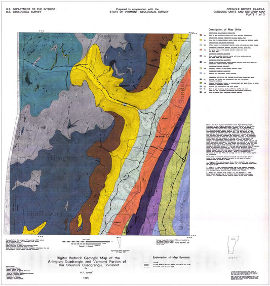 Map : Digital bedrock geologic map of the Arlington quadrangle and Vermont portion of the Shushan quadrangle, Vermont, 1995 Cartography Wall Art :