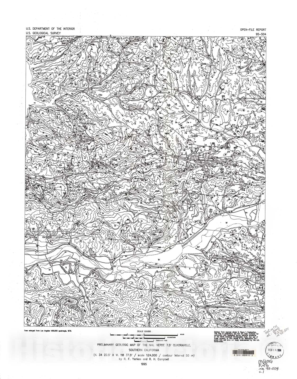 Map : Preliminary geologic map of the Val Verde 7.5' quadrangle, southern California, 1995 Cartography Wall Art :