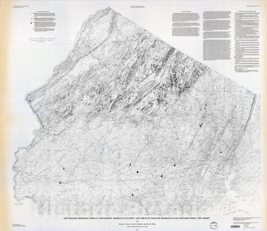 Map : Map showing bedrock surface topography, bedrock outcrops and areas of shallow bedrock in the northern sheet, New Jersey, 1995 Cartography Wall Art :