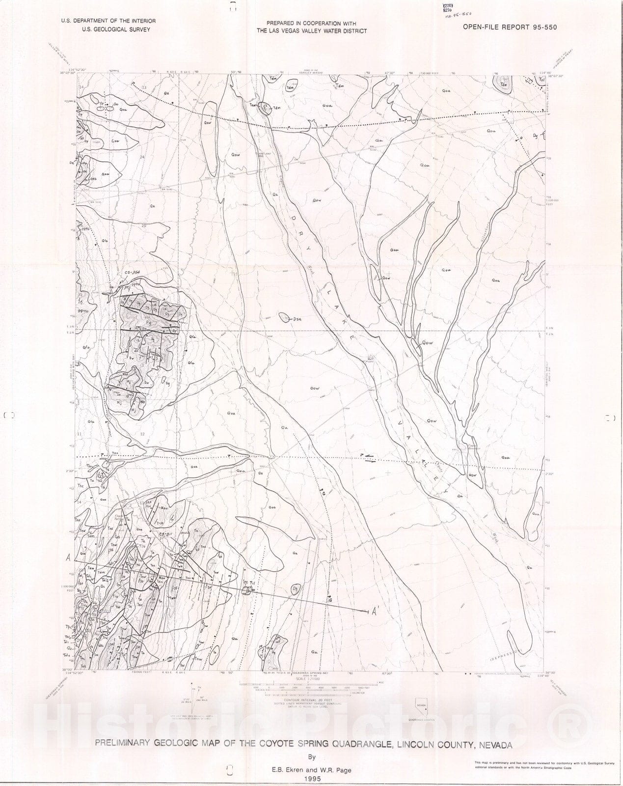 Map : Preliminary geologic map of the Coyote Spring quadrangle, Lincoln County, Nevada, 1995 Cartography Wall Art :