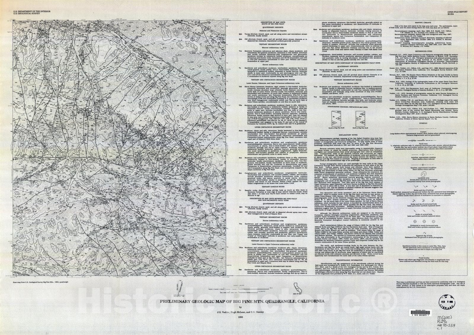 Map : Preliminary geologic map of the Big Pine Mountain quadrangle, California, 1995 Cartography Wall Art :