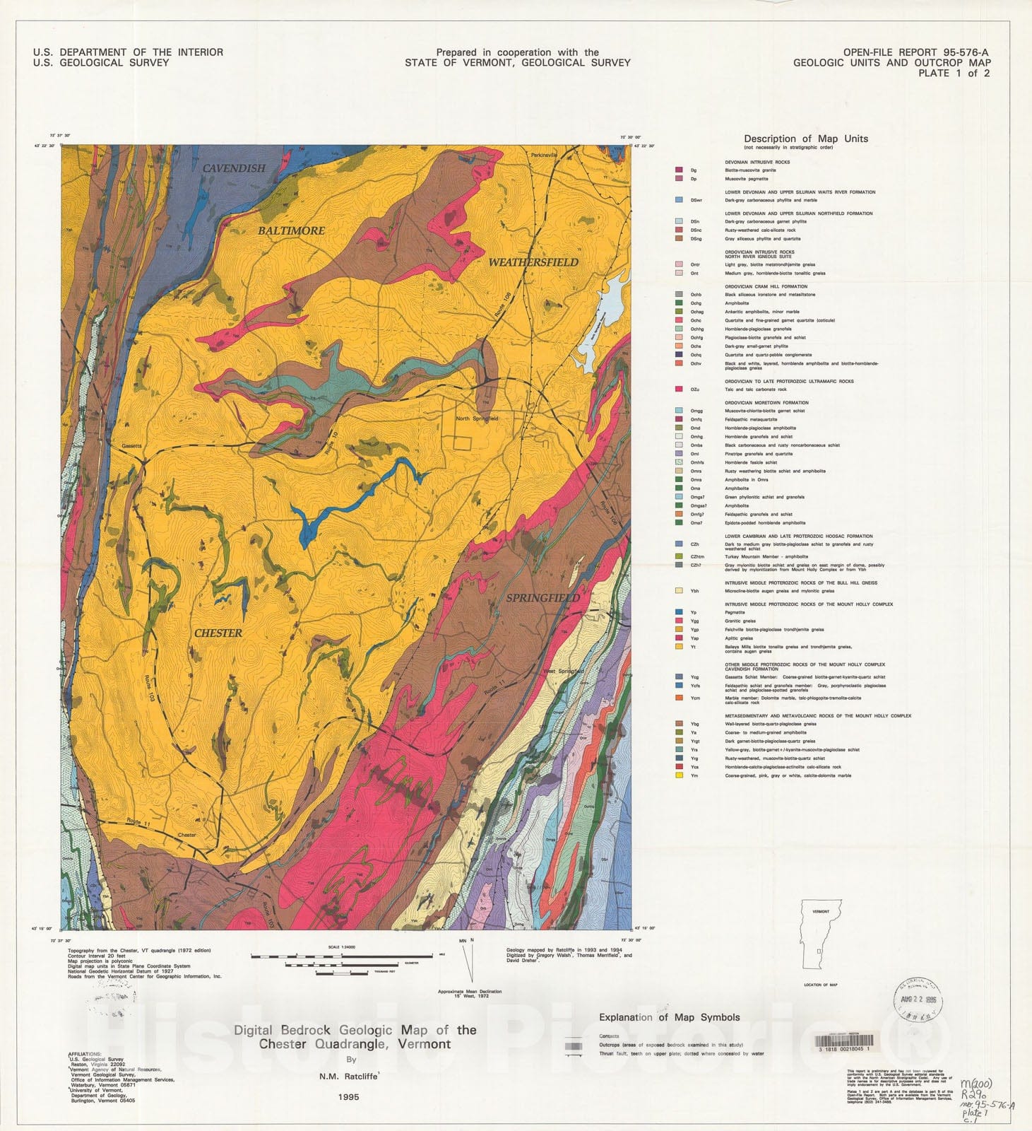 Map : Digital bedrock geologic map of the Chester quadrangle, Vermont, 1995 Cartography Wall Art :