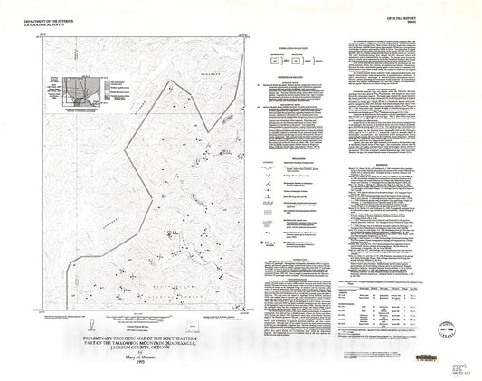 Map : Preliminary geologic map of the southeastern part of the Tallowbox Mountain quadrangle, Jackson County, Oregon, 1995 Cartography Wall Art :