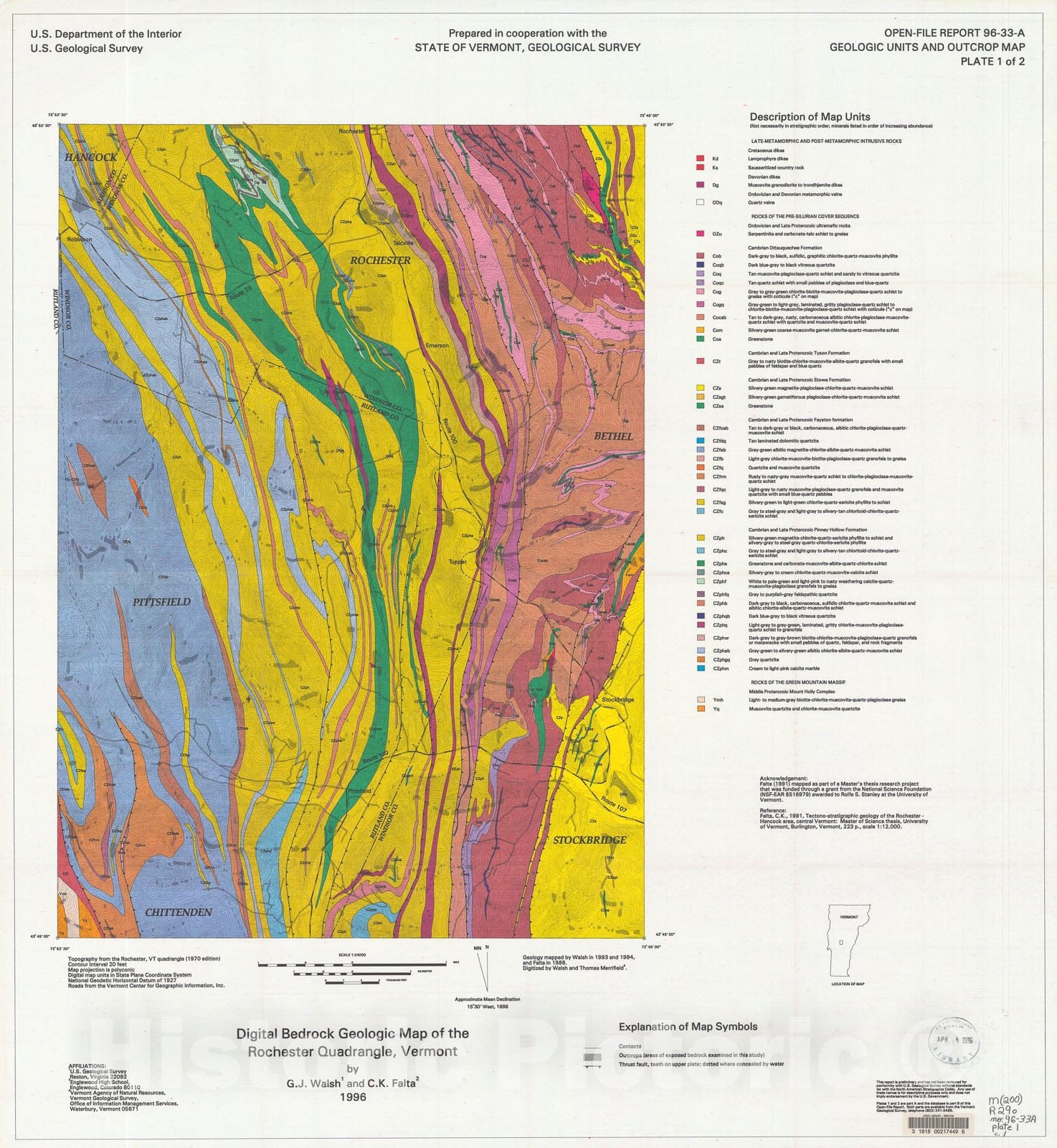 Map : Digital bedrock geologic map of the Rochester quadrangle, Vermont, 1996 Cartography Wall Art :