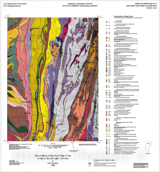 Map : Digital bedrock geologic map of the Andover quadrangle, Vermont, 1996 Cartography Wall Art :