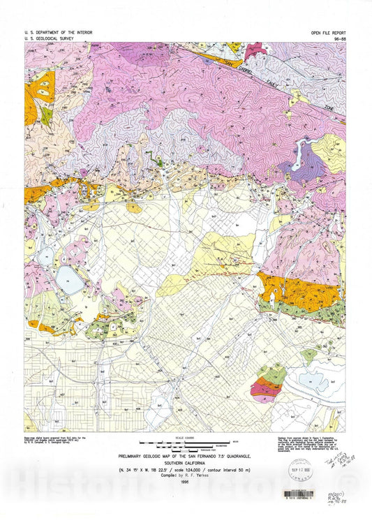 Map : Preliminary geologic map of the San Fernando 7.5' quadrangle, southern California, 1996 Cartography Wall Art :