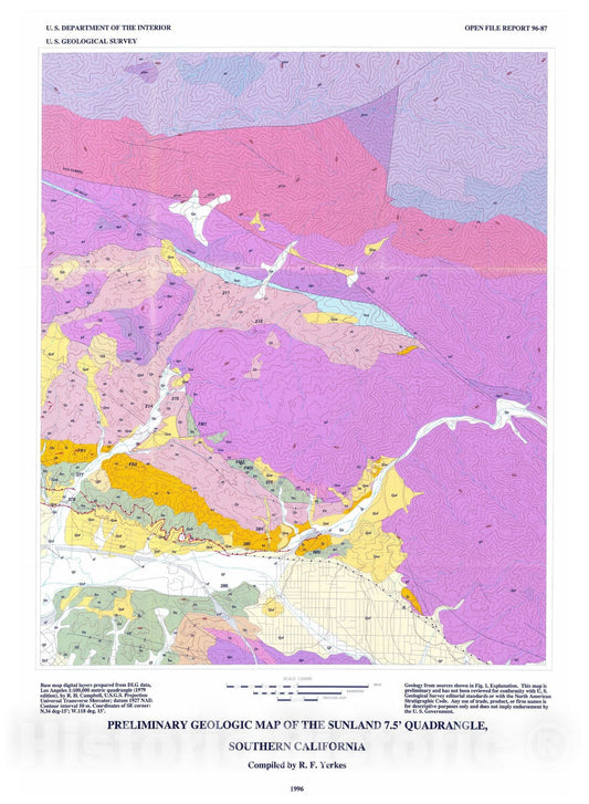Map : Preliminary geologic map of the Sunland 7.5' quadrangle, southern California, 1996 Cartography Wall Art :