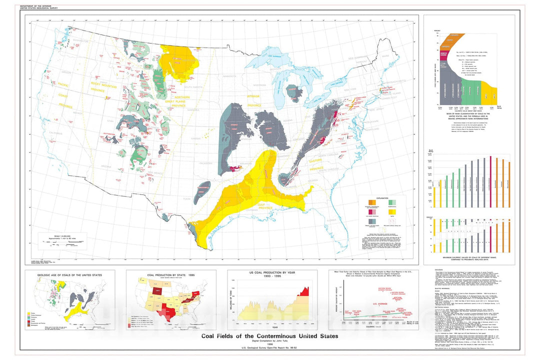 Map : Coal fields of the conterminous United States, 1996 Cartography Wall Art :