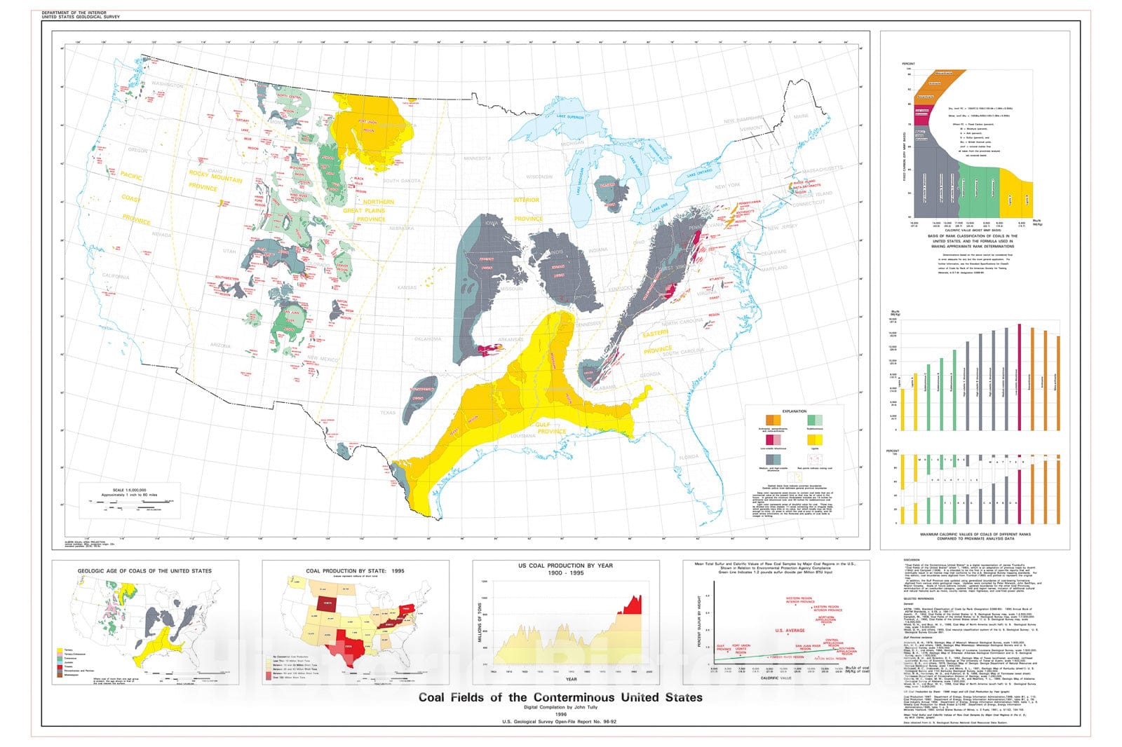 Map : Coal fields of the conterminous United States, 1996 Cartography Wall Art :