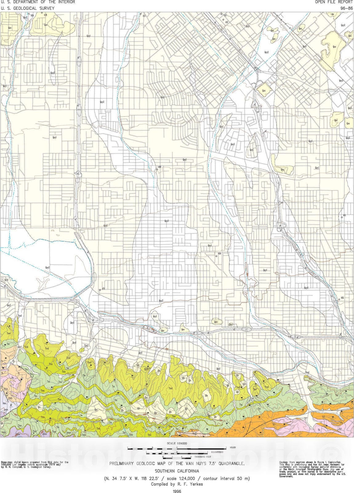 Map : Preliminary geologic map of the Van Nuys 7.5' quadrangle, southern California, 1996 Cartography Wall Art :
