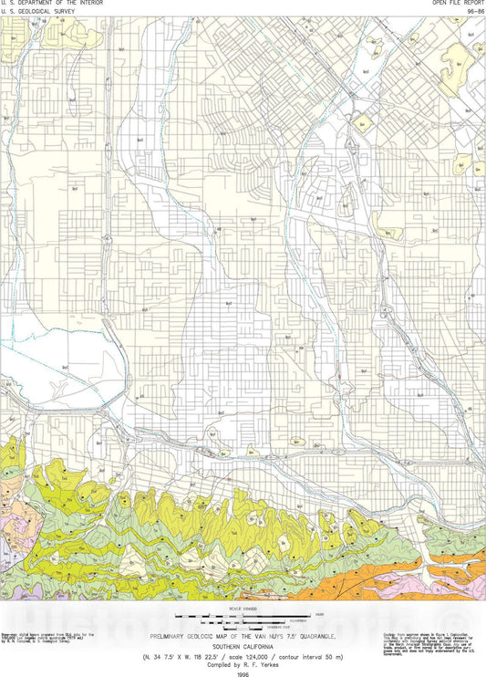 Map : Preliminary geologic map of the Van Nuys 7.5' quadrangle, southern California, 1996 Cartography Wall Art :