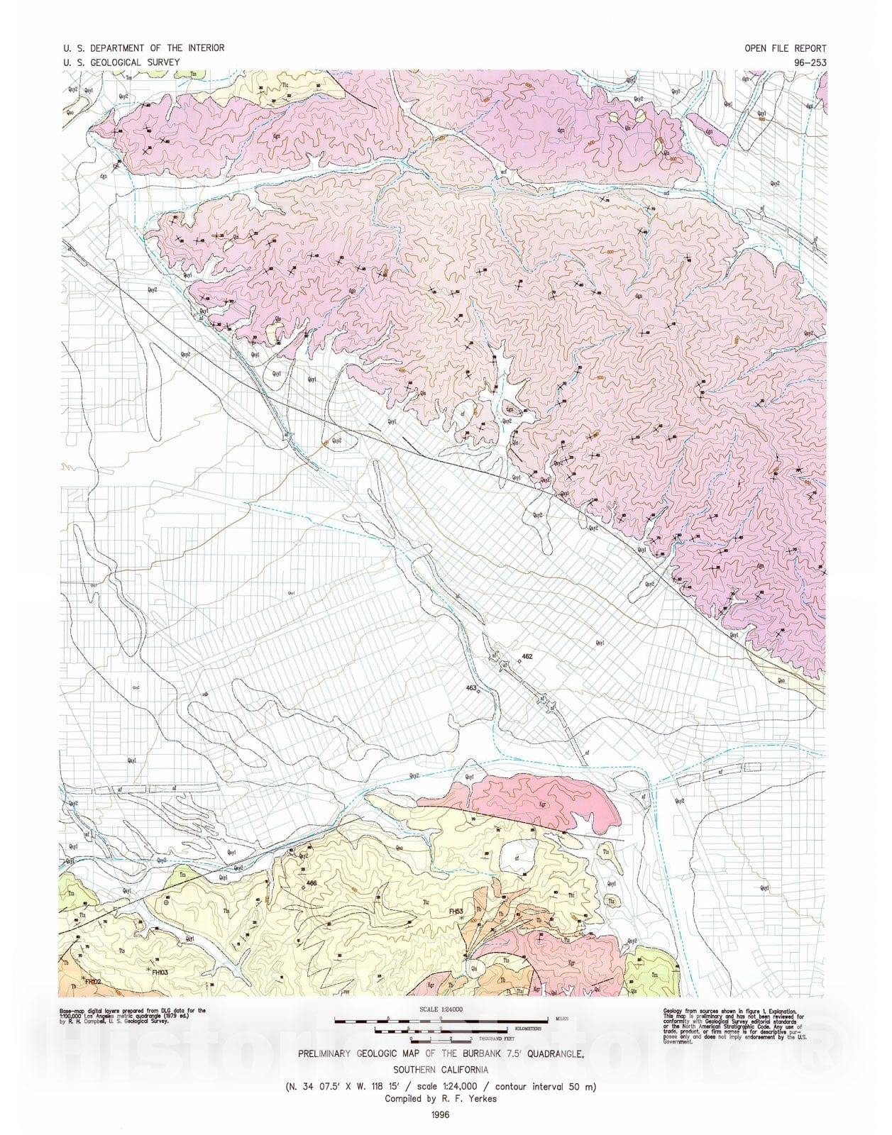 Map : Preliminary geologic map of the Burbank 7.5' quadrangle, southern California, 1996 Cartography Wall Art :