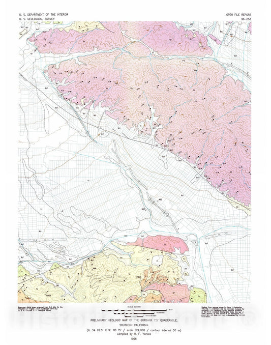 Map : Preliminary geologic map of the Burbank 7.5' quadrangle, southern California, 1996 Cartography Wall Art :