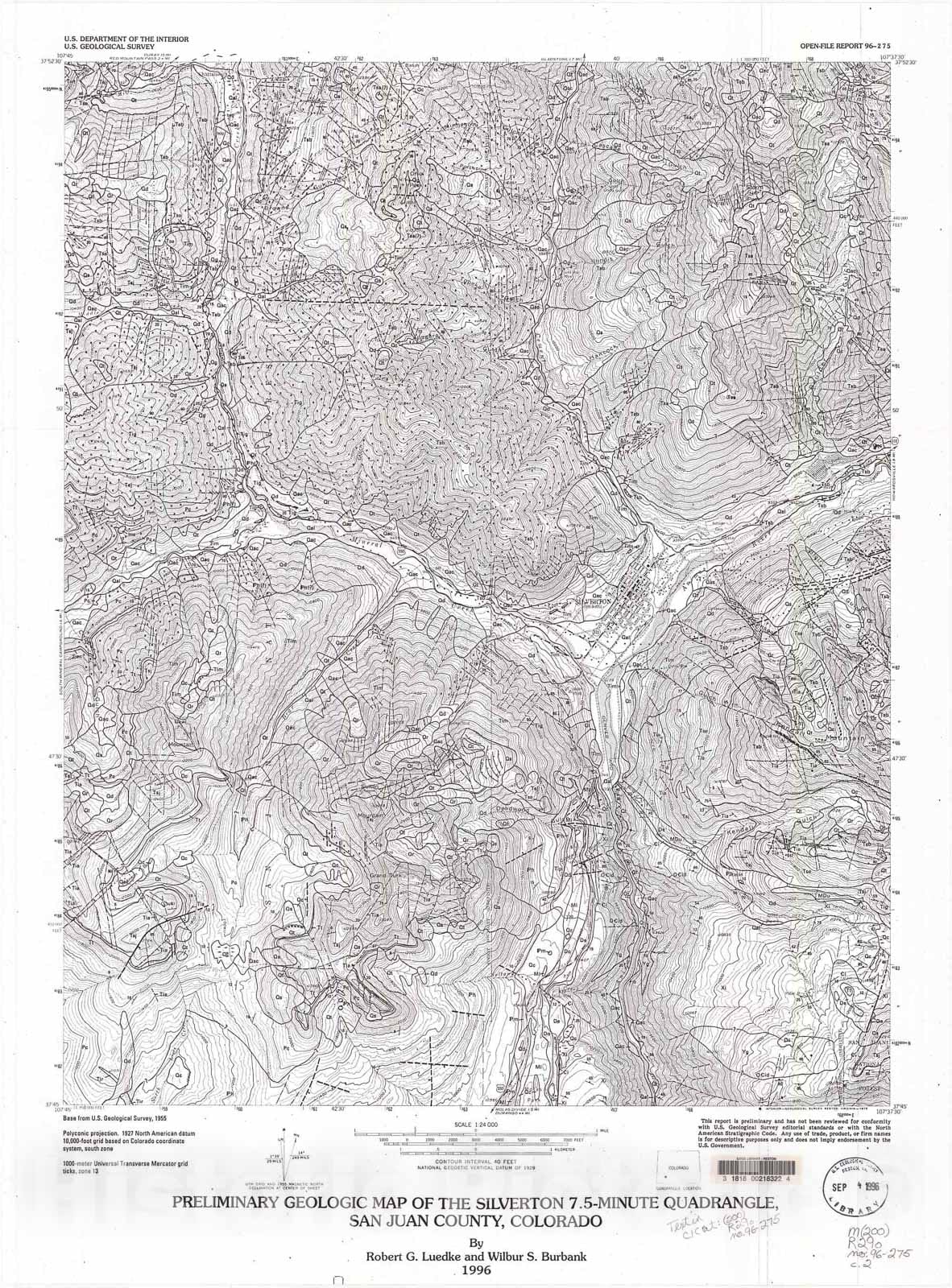 Map : Preliminary geologic map of the of the Silverton 7.5 minute quadrangle, San Juan County, Colorado, 1996 Cartography Wall Art :