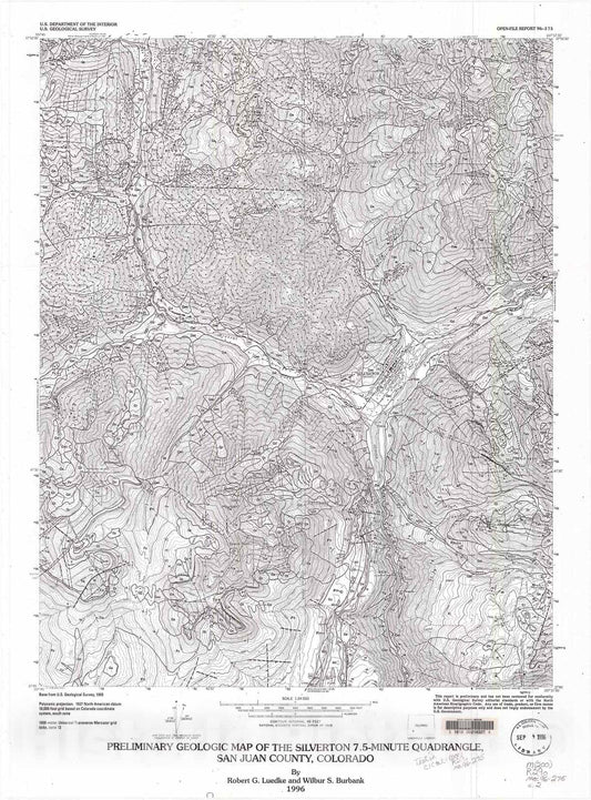 Map : Preliminary geologic map of the of the Silverton 7.5 minute quadrangle, San Juan County, Colorado, 1996 Cartography Wall Art :