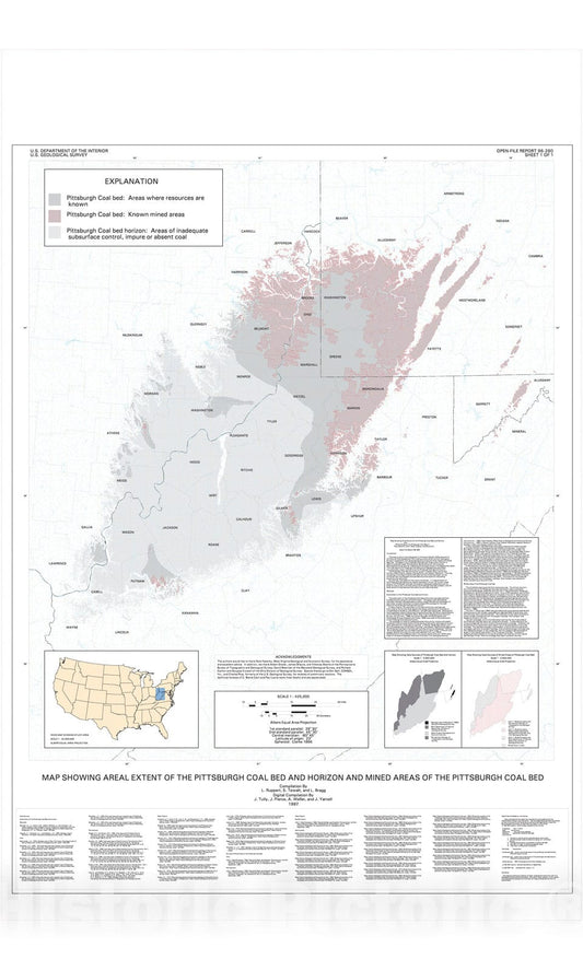 Map : Map: Areal extent of the Pittsburgh Coal Bed and horizon and mined areas of the Pittsburgh Coal Bed, 1996 Cartography Wall Art :