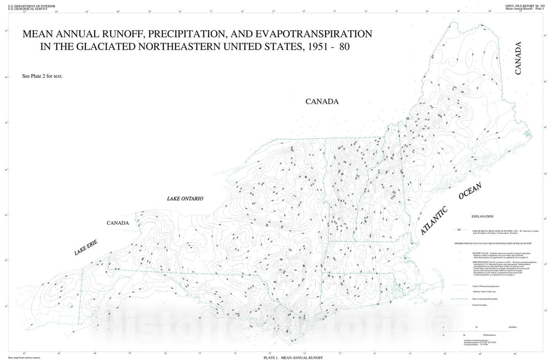 Map : Mean annual runoff, precipitation and evapotranspiration in the glaciated northeastern United States, 1951-80, 1996 Cartography Wall Art :