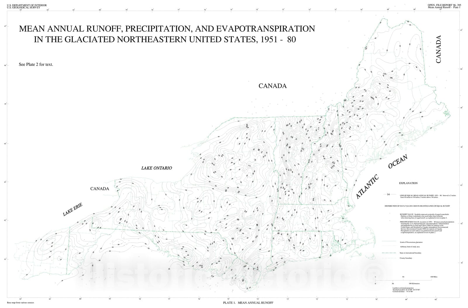 Map : Mean annual runoff, precipitation and evapotranspiration in the glaciated northeastern United States, 1951-80, 1996 Cartography Wall Art :