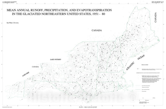 Map : Mean annual runoff, precipitation and evapotranspiration in the glaciated northeastern United States, 1951-80, 1996 Cartography Wall Art :