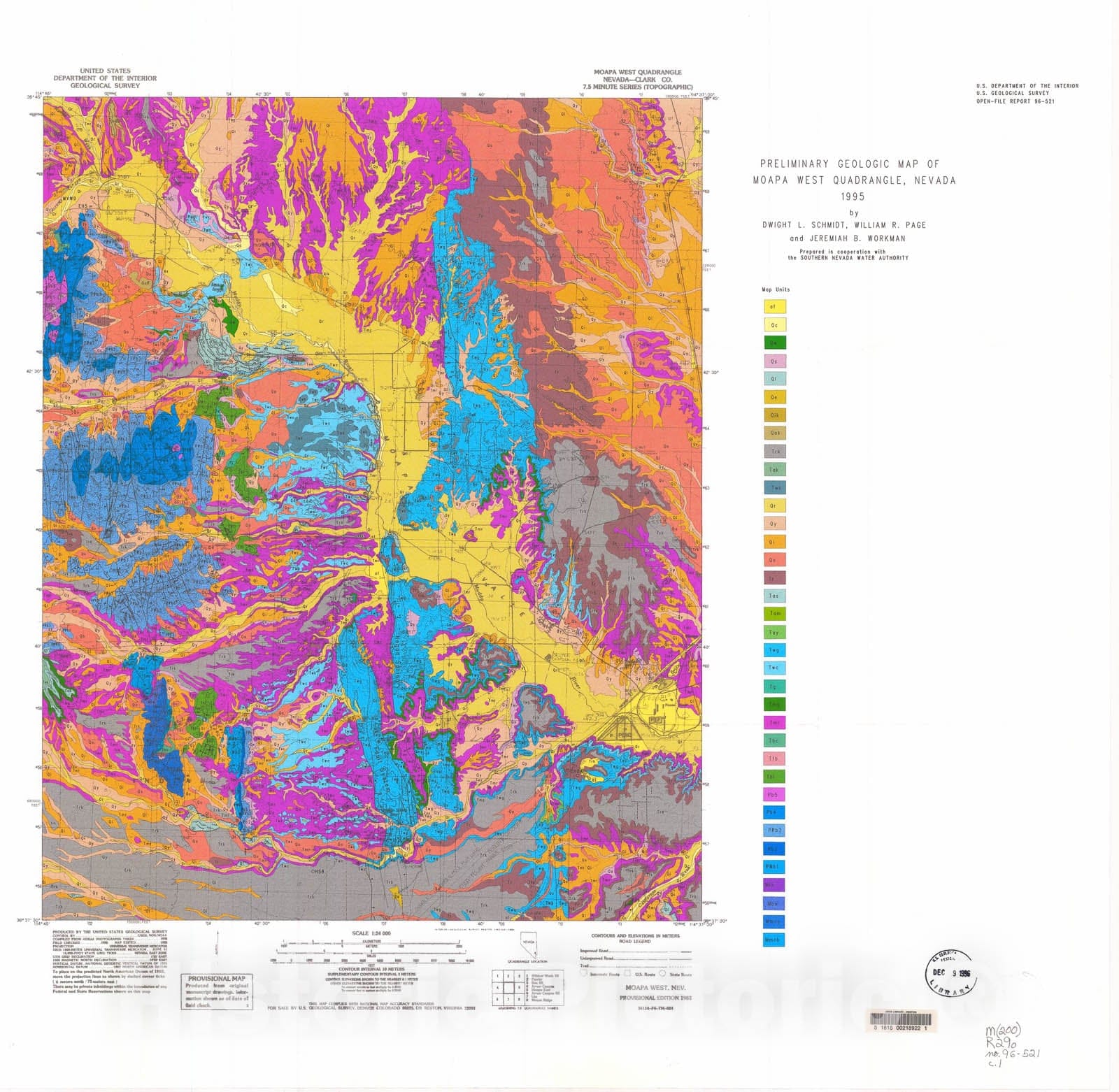 Map : Preliminary geologic map of the Moapa West quadrangle, Clark County, Nevada, 1996 Cartography Wall Art :