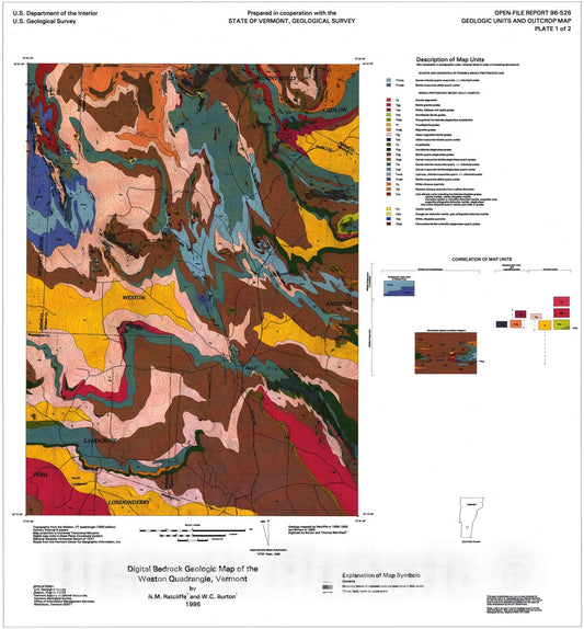 Map : Digital bedrock geologic map of the Weston quadrangle, Vermont, 1996 Cartography Wall Art :