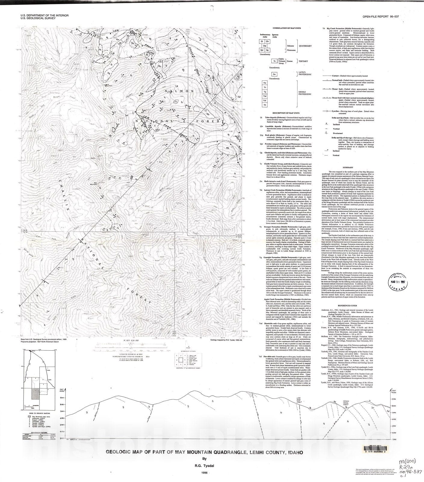 Map : Geologic map of part of May Mountain quadrangle, Lemhi County, Idaho, 1996 Cartography Wall Art :