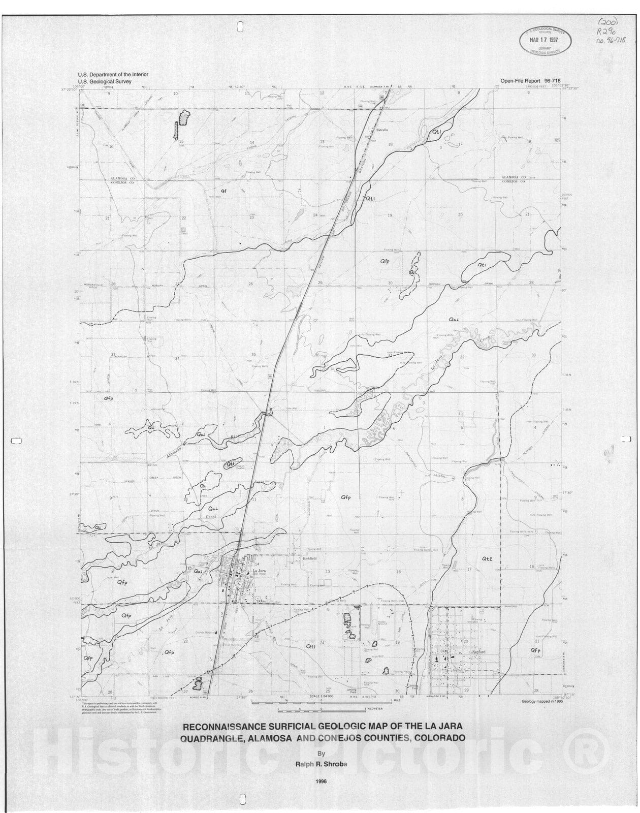 Map : Reconnaissance surficial geologic map of the La Jara quadrangle, Alamosa and Conejos Counties, Colorado, 1996 Cartography Wall Art :