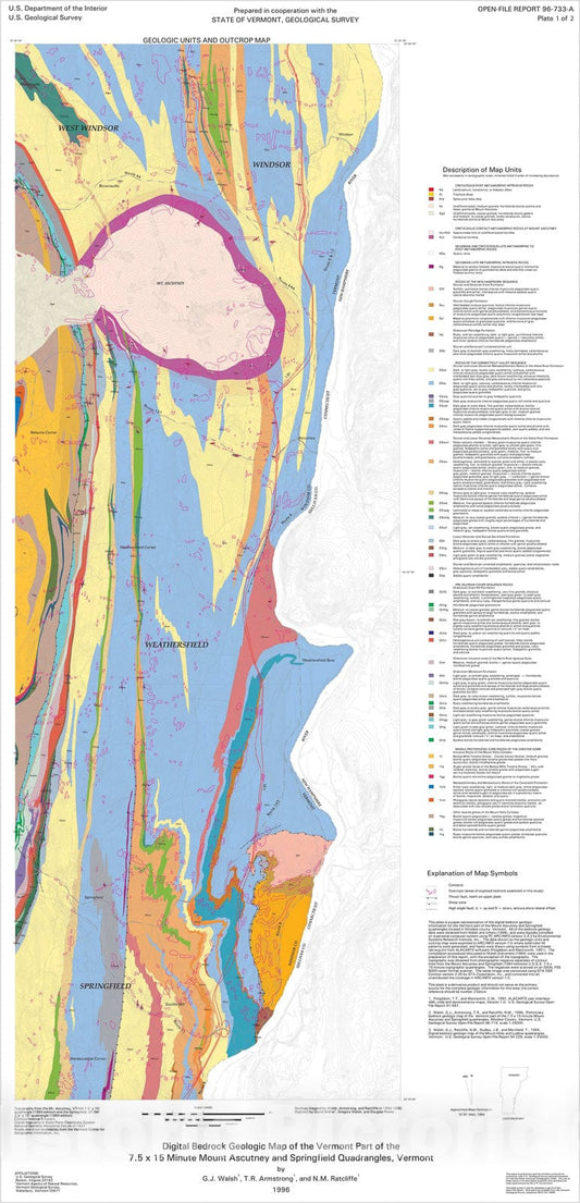 Map : Digital bedrock geologic map of the Vermont part of the 7.5 X fifteen minute Mount Ascutney and Springfield quadrangles, Vermont, 1996 Cartography Wall Art :