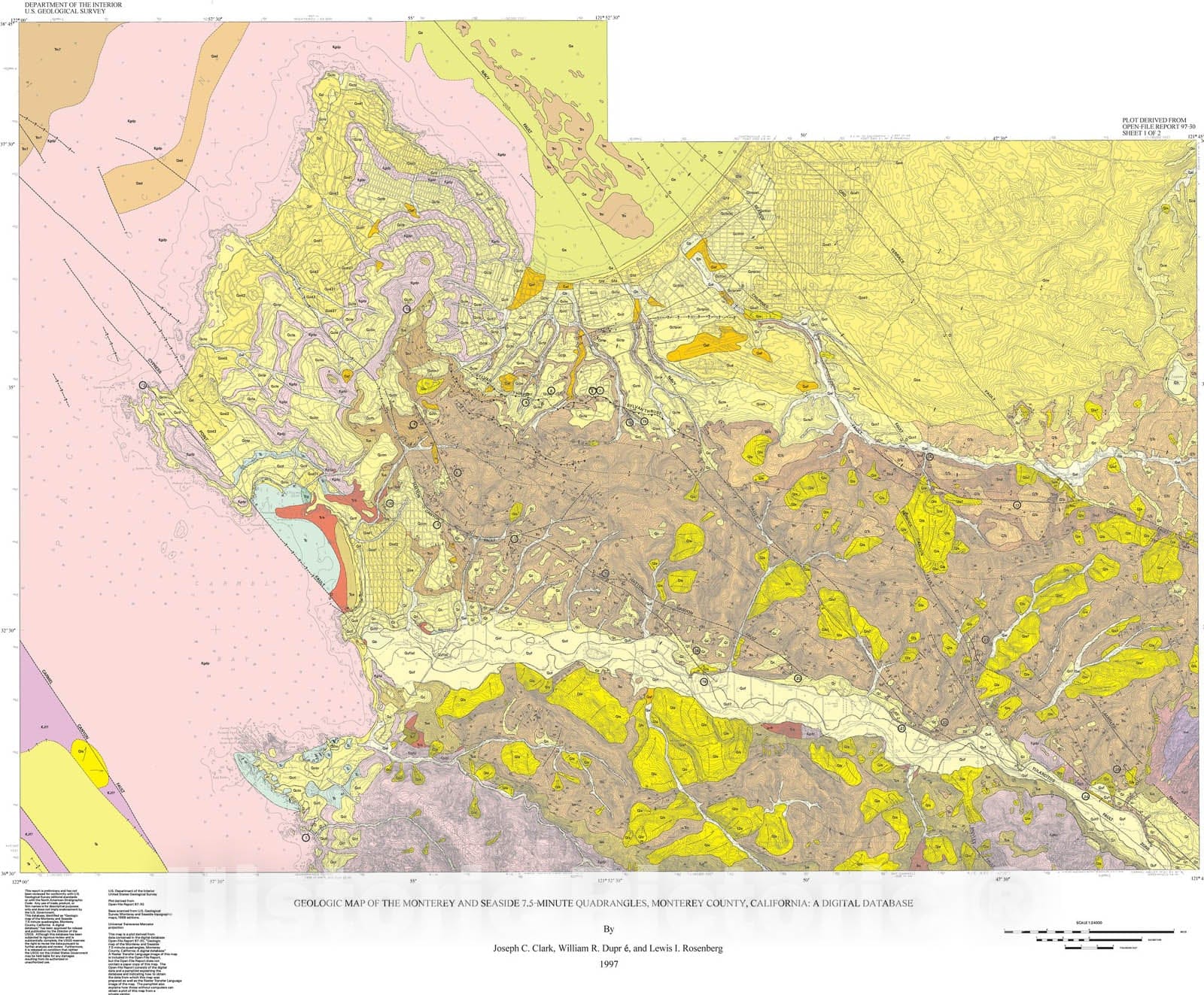 Map : Geologic map of the Monterey and Seaside 7.5-minute quadrangles, Monterey County, California: a digital database, 1997 Cartography Wall Art :
