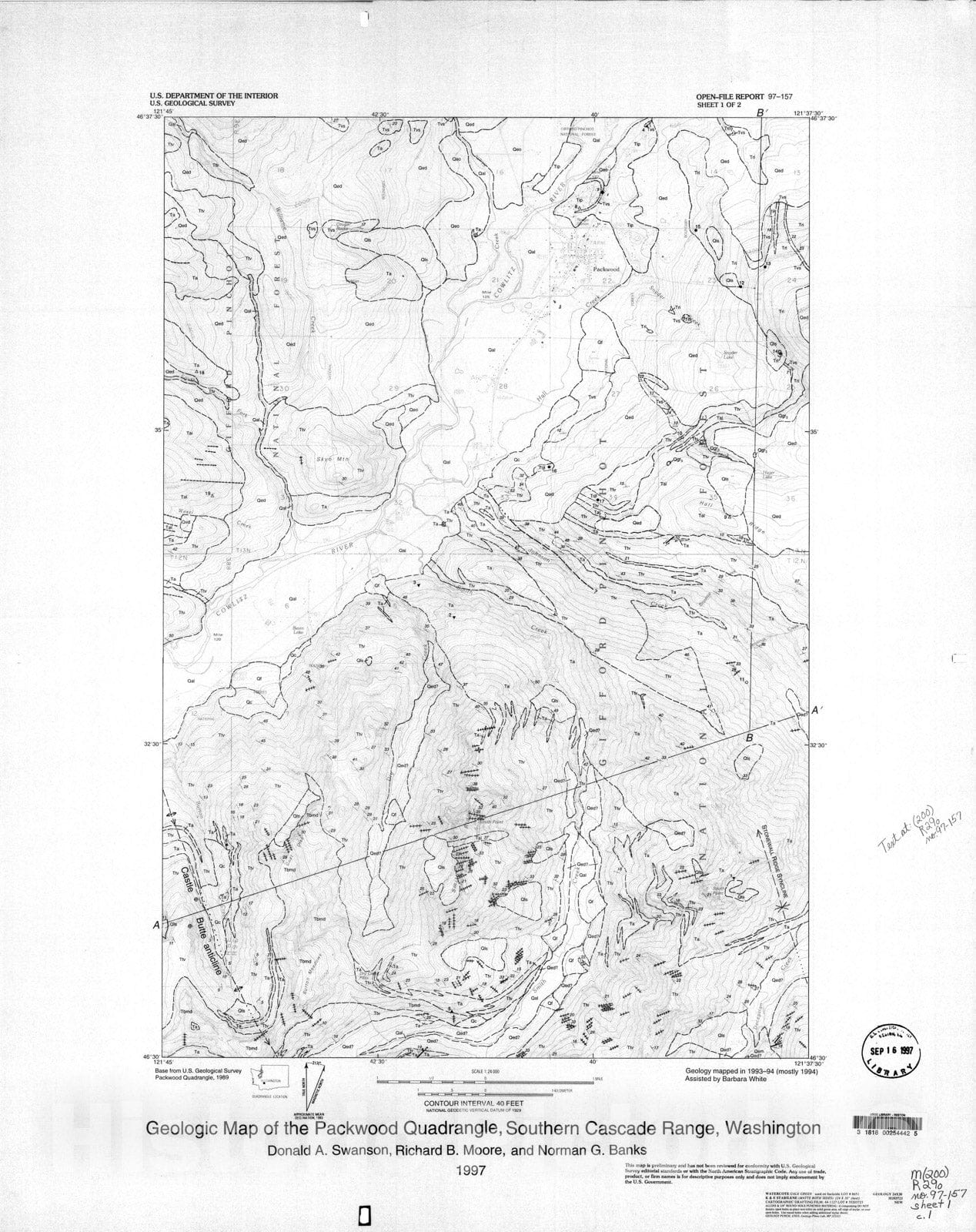 Map : Geologic map of the Packwood quadrangle, southern Cascade Range, Washington, 1997 Cartography Wall Art :