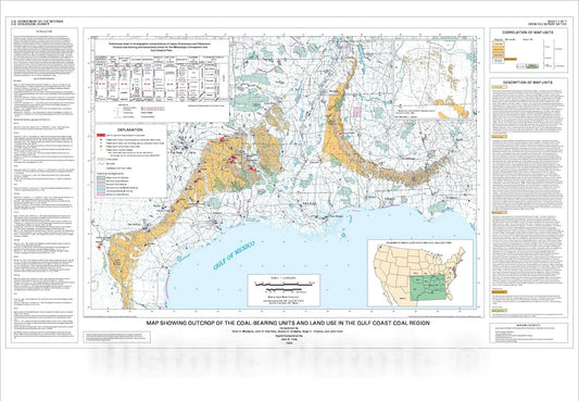 Map : Map showing outcrop of the coal-bearing units and land use in the Gulf Coast coal region, 1997 Cartography Wall Art :