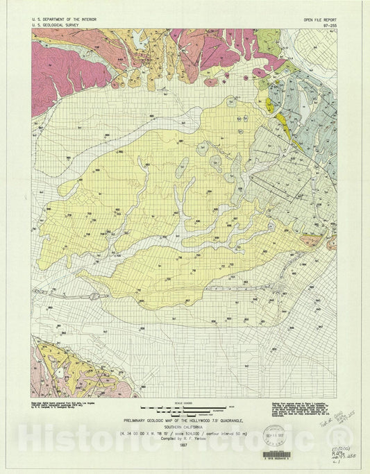 Map : Preliminary geologic map of the Hollywood 7.5' quadrangle, southern California, 1997 Cartography Wall Art :