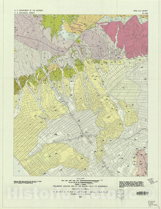 Map : Preliminary geologic map of the Beverly Hills 7.5' quadrangle, southern California, 1997 Cartography Wall Art :