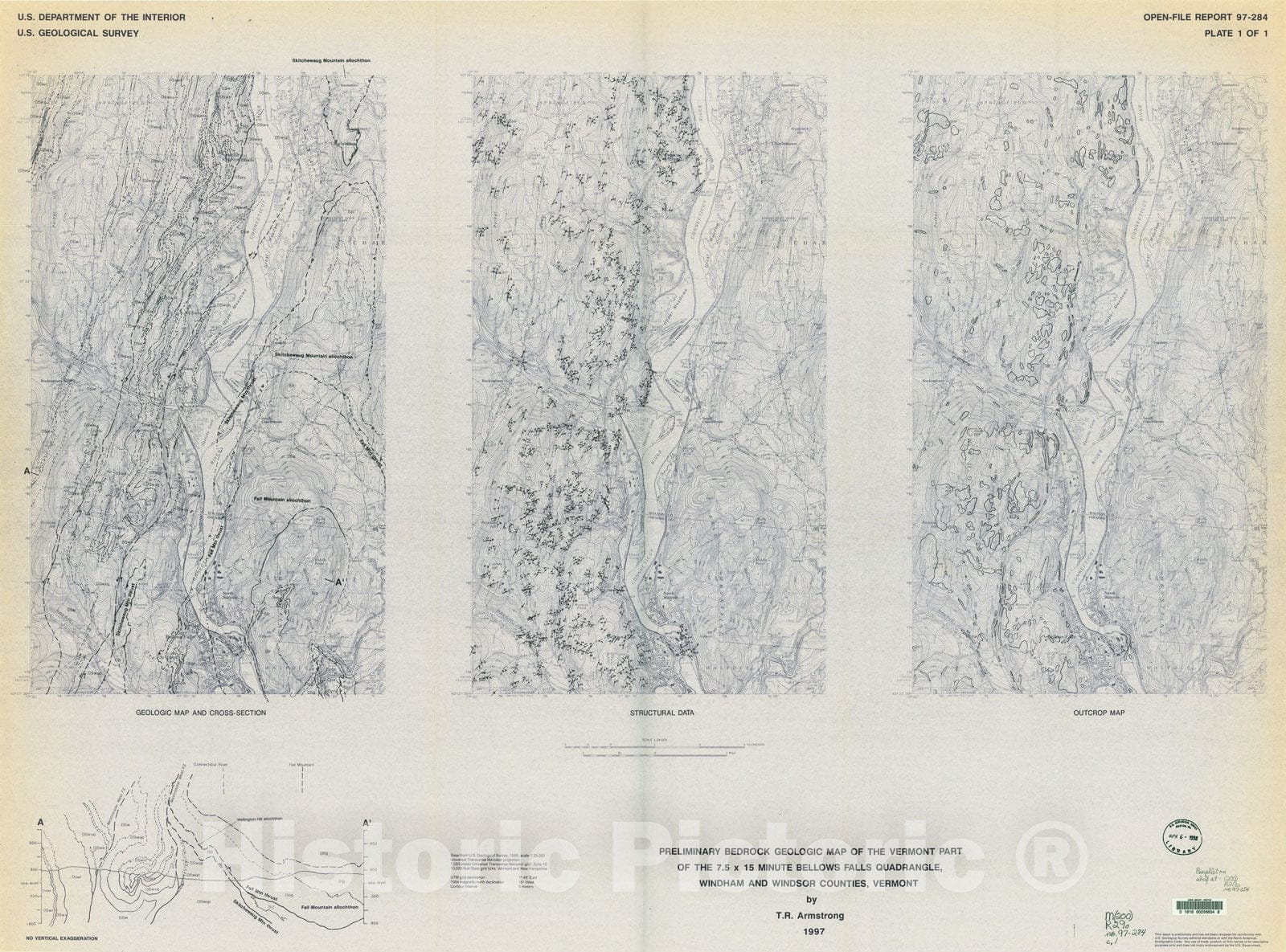 Map : Preliminary bedrock geologic map of the Vermont part of the 7.5 x fifteen minute Bellows Falls quadrangle, Windham and Windsor Counties, Vermont, 1997 Cartography Wall Art :