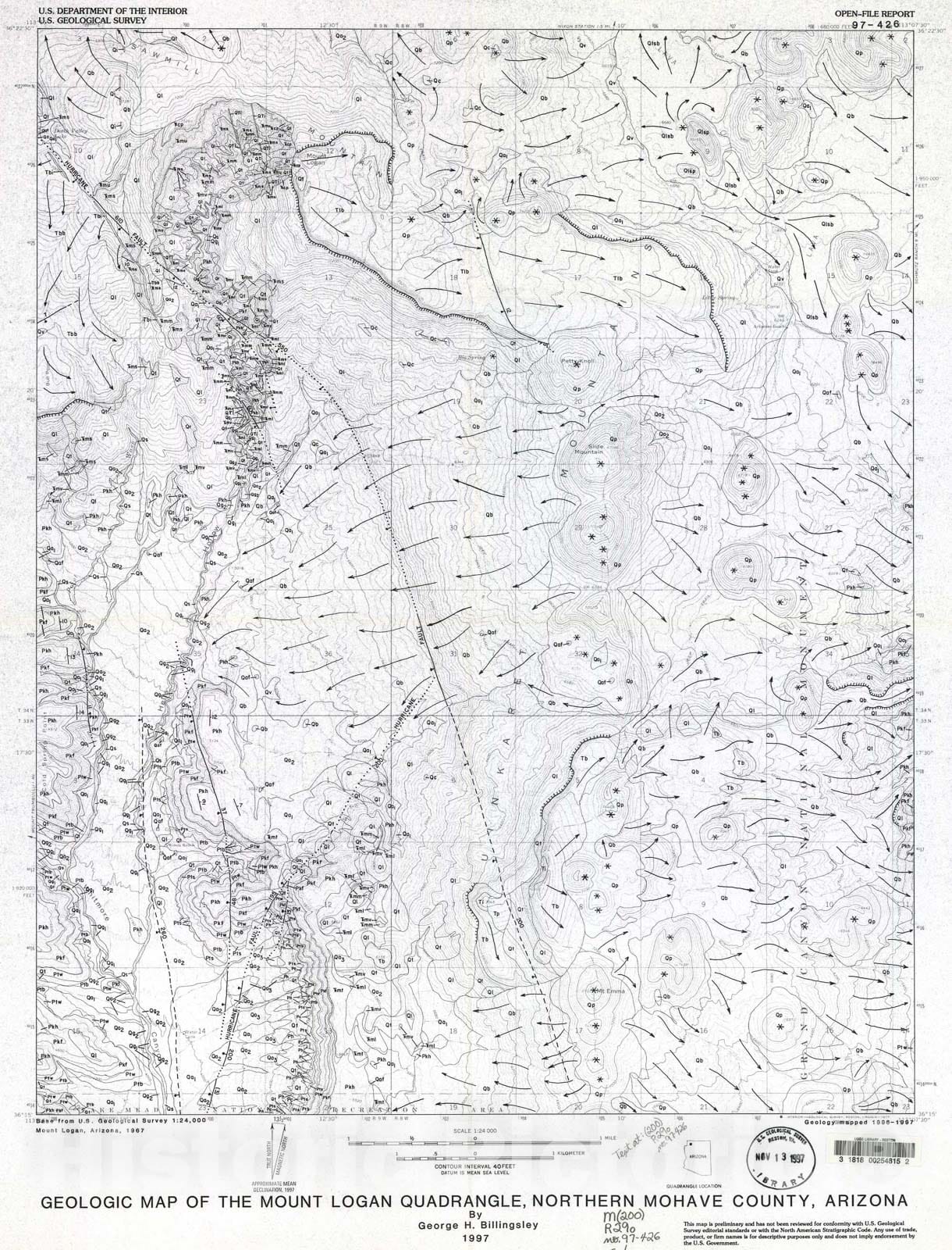 Map : Geologic map of the Mount Logan quadrangle, northern Mohave County, Arizona, 1997 Cartography Wall Art :
