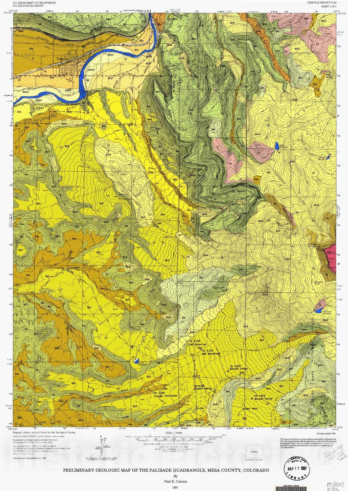 Map : Preliminary geologic map of the Palisade quadrangle, Mesa County, Colorado, 1997 Cartography Wall Art :