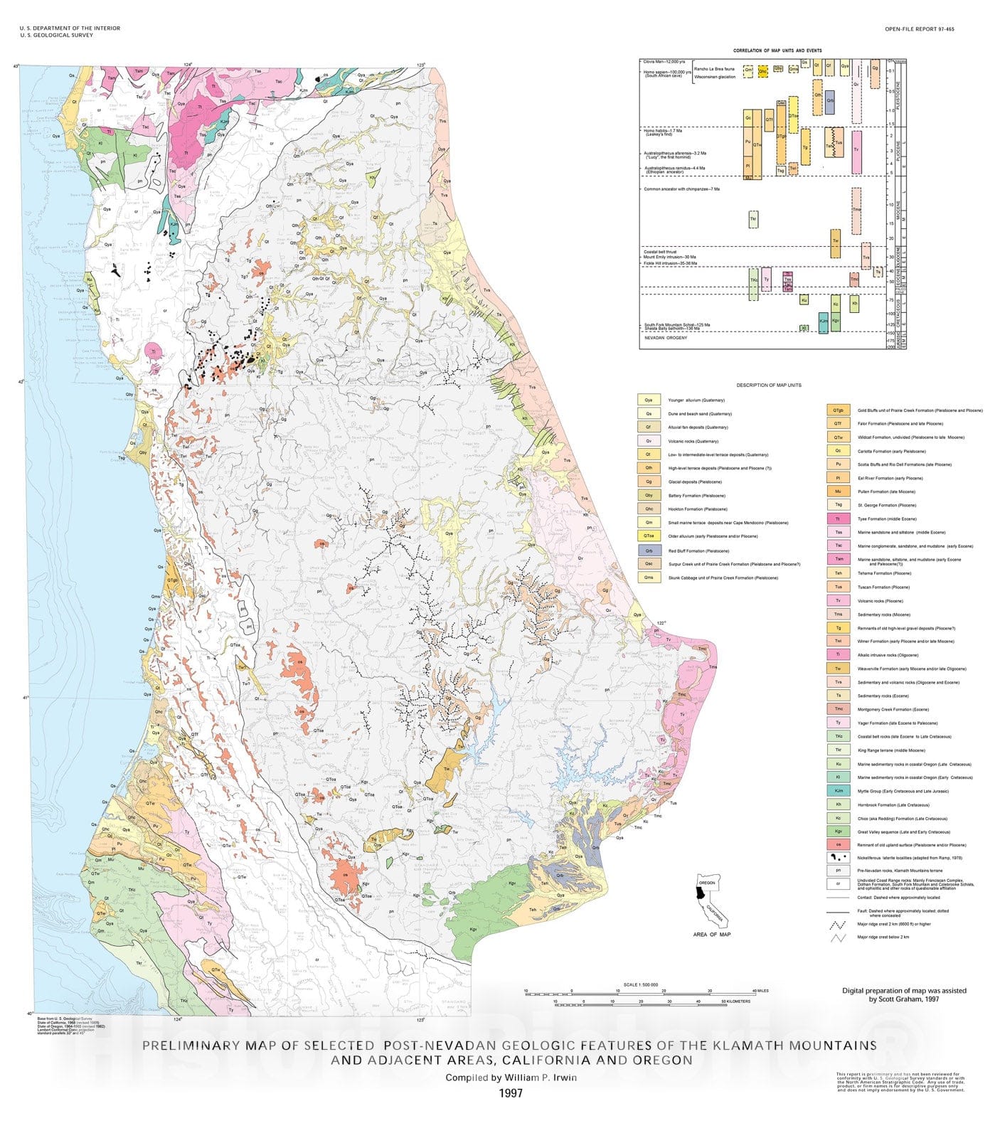 Map : Preliminary map of selected post-Nevadan geologic features of the Klamath Mountains and adjacent areas, California and Oregon, 1997 Cartography Wall Art :