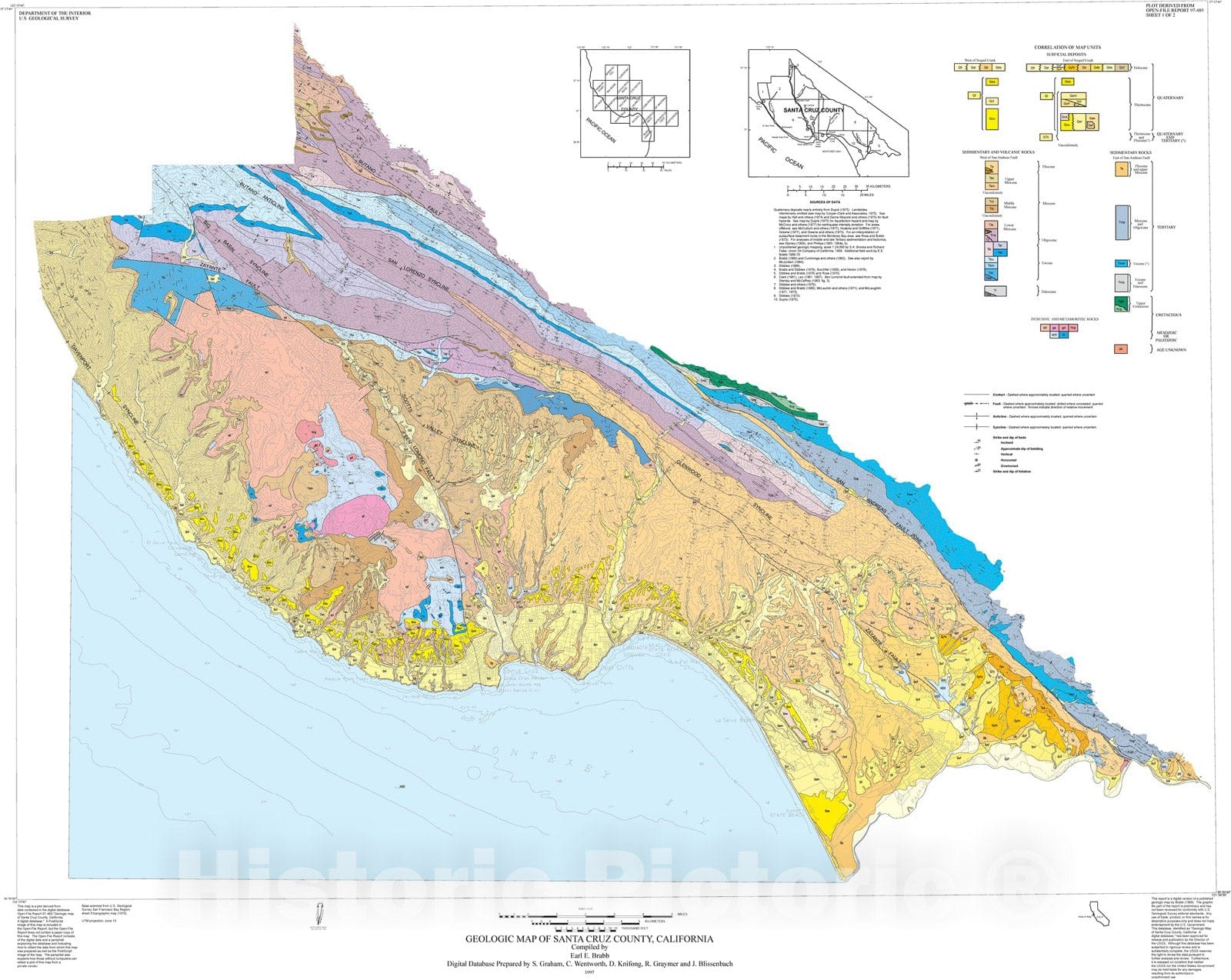 Map : Geologic map of Santa Cruz County, California: a digital database, 1997 Cartography Wall Art :